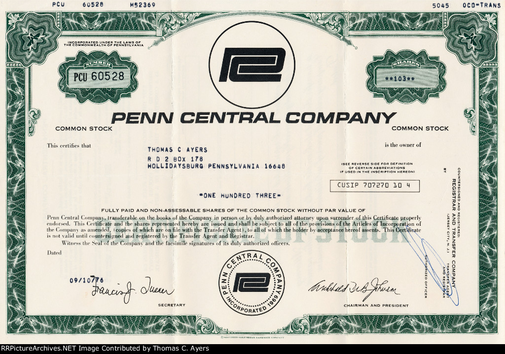 PC Stock Certificate, 1976